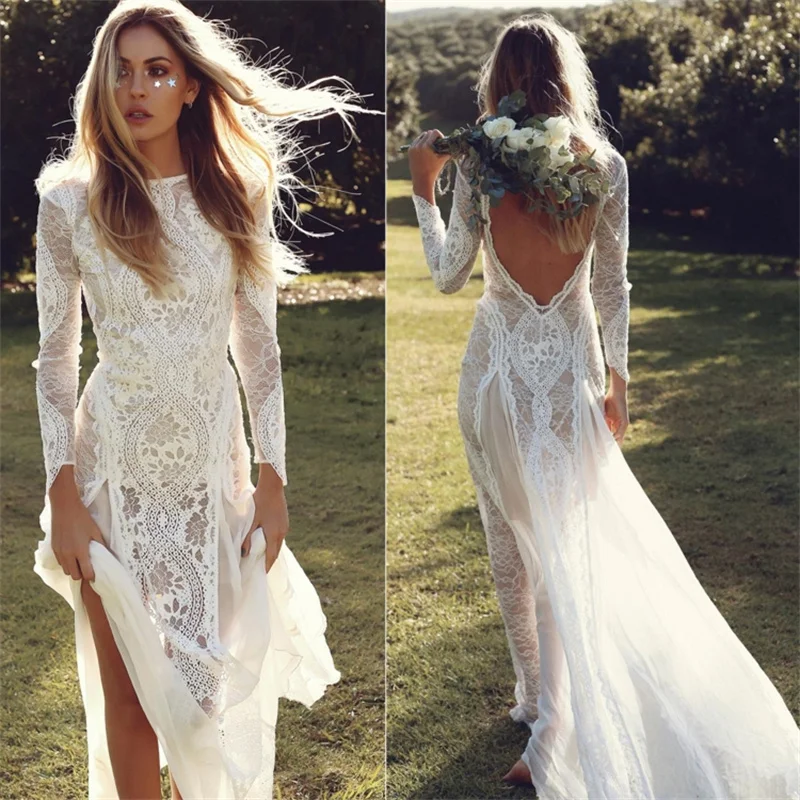 

Long Sleeve Backless O-Neck Lace Boho Bohemian Beach Wedding Dress Bridal Gown