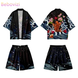 Harajuku Carp Print Cardigan Haori Cosplay Kimono Shorts Sets Japanese Traditional Clothes Shirt Women Men Two-piece Suit Yukata