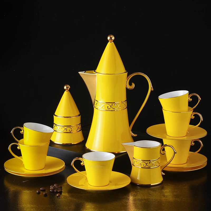 

15Pcs European Style Yellow Pigmented Relief Texture Tea Pot Cups and Saucers Tableware Set Gift for Wedding