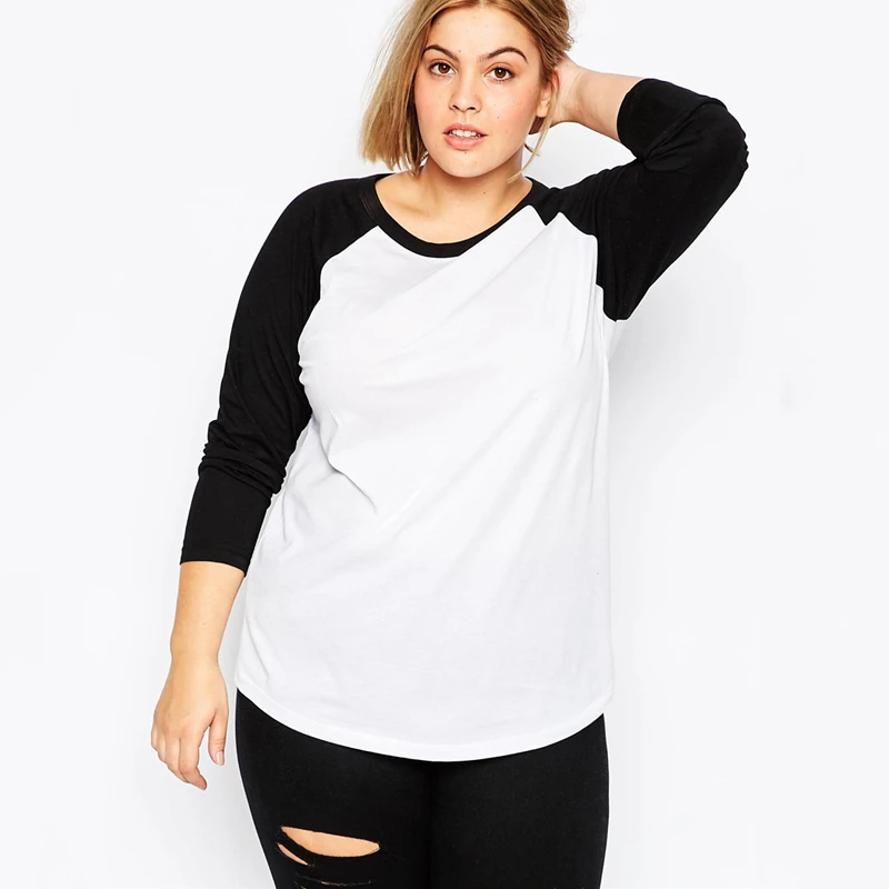 Plus Size Black And White Elegant Fashion T-shirt Long Raglan Sleeve Cotton Round Neck Spring Autumn Causal Top Blouse 6XL 7XL