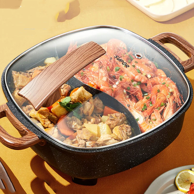 Home Multifunction Shabu Electric Hot Pot Barbecue Integrated Mandarin Duck Hotpot Lid Soup Chinese Fondue Cooking Pots Cookware