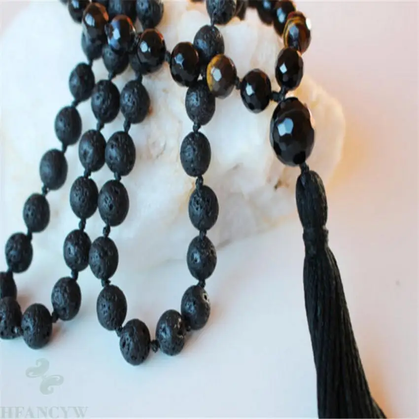 8MM Black Lava Tiger Eye gemstone Tassel Mala Necklace spirituality Lucky Healing energy pray Bless Handmade Unisex natural MONK