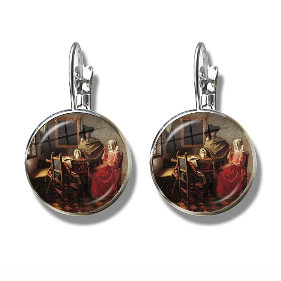 Hot Fashion Earrings Vermeer Oil Painting Girl Wearing Pearl Stud Earrings Glass Cabochon Jewelry for Women Gift