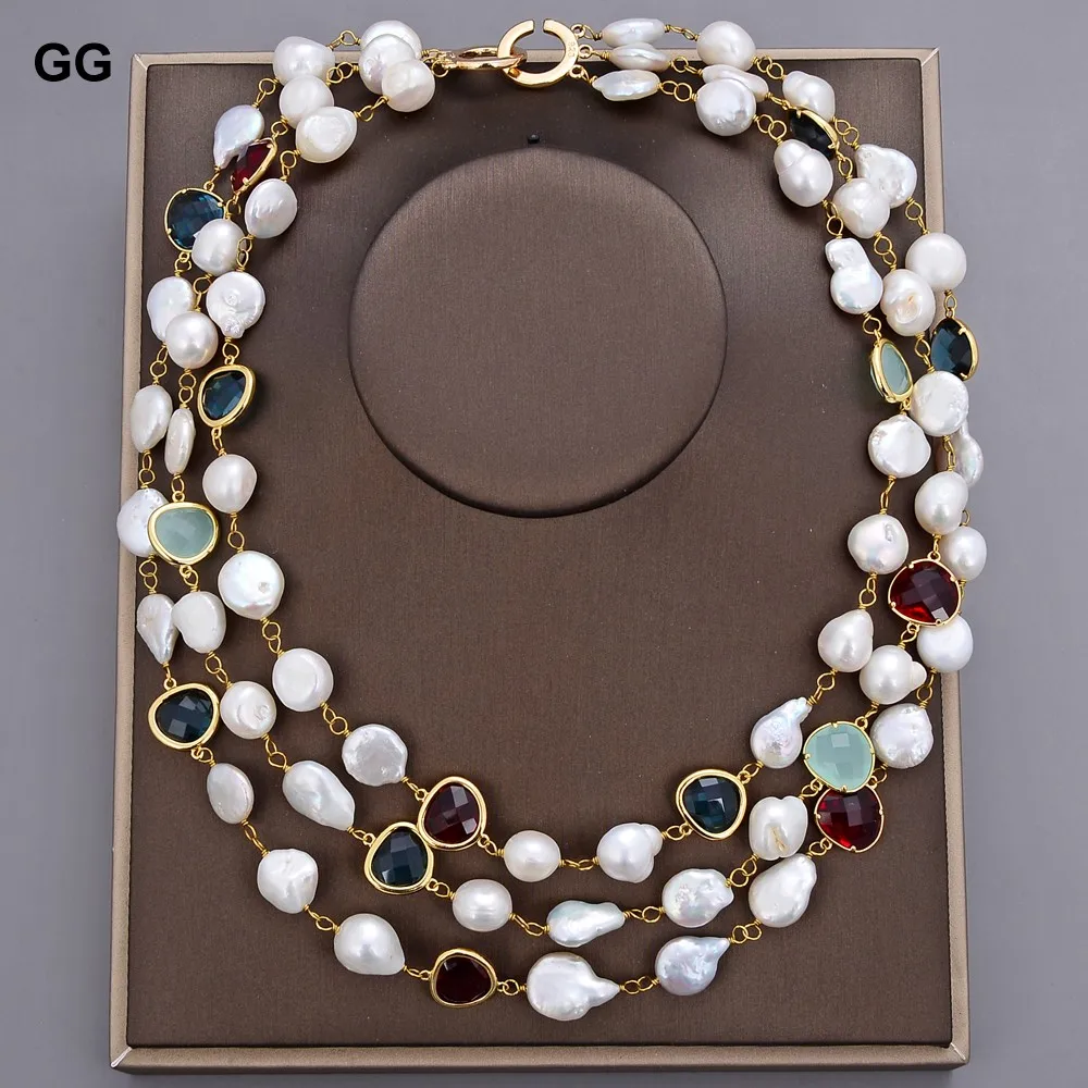 

GG 20" 3 Rows Natural White Baroque Pearl Coin Pearl Gold Edge Plated Mix Color Crystal Necklace