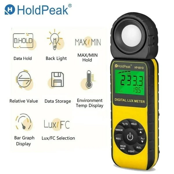 HP-881D Digital Illuminance Light Meter, 0.01~400,000 Lux Foot Candles Luxmeter with 270º Rotated Sensor Light Tester