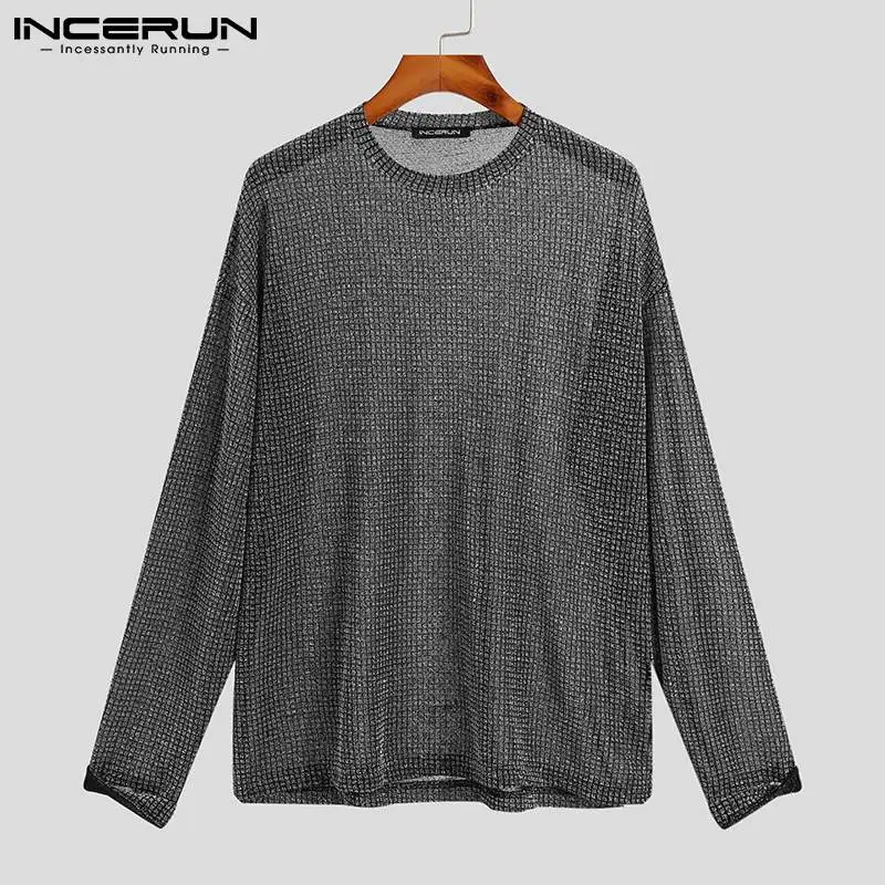 INCERUN 2023 Fashion Men T Shirt Mesh See Through O-neck Long Sleeve Camisetas Party Nightclub Streetwear Sexy Tee Tops S-5XL