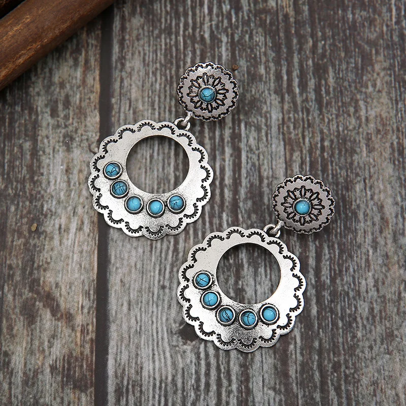 Wholesale New Retro Geometric Hollow Eyelash Earrings Inlaid Turquoise Exaggerated Jewelry for Women Girl Gift