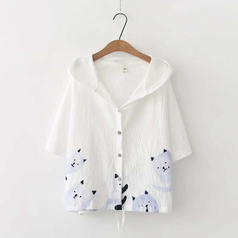 

Women's Spring Summer Coat Girl Casual Thin Jacket 3/4 Sleeve Hooded Printed Cotton Linen Shirt Outerwear Sun Protection Clothi