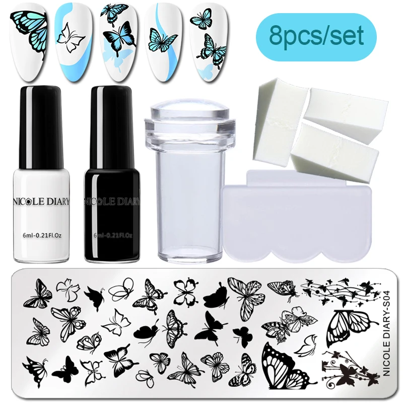 NICOLE DIARY Nail Stamping Polish with Stamping Plate Stamper Scraper Sponge Butterfly Design Stencil Tool Nail Art Starter Kits