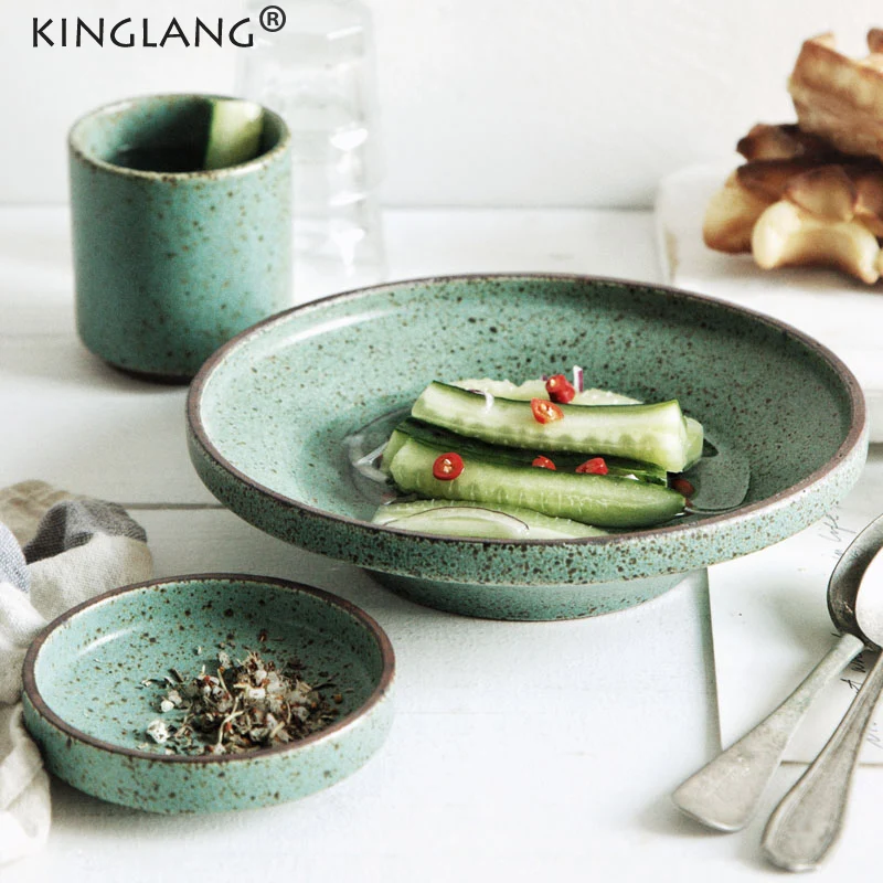 KINGLANG  Japanese  Green Color Dinner Set Retro Handmade Ceramic Plates  Restaurant Tableware Set Round Plate Rice Salad Bowl