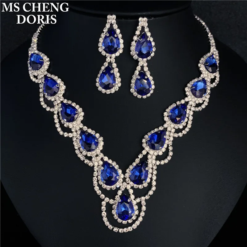 Luxury Royal Blue Crystal Bridal Jewelry Sets Rhinestone Statement Choker Necklace Earrings Women Wedding Jewelry Sets