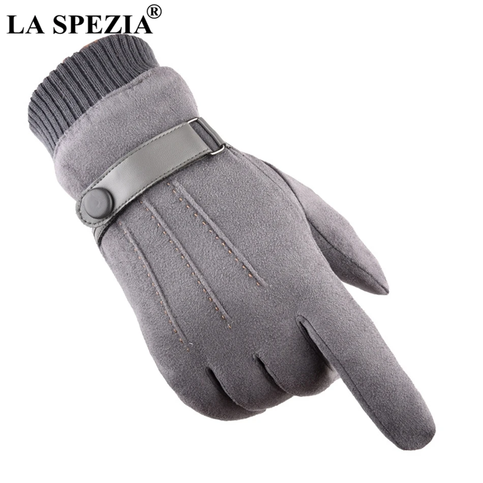 LA SPEZIA Men Gloves Winter Touch Screen Suede Gloves With Belt Navy Blue Casual Thermal Male Thick Leather Gloves Man Windproof