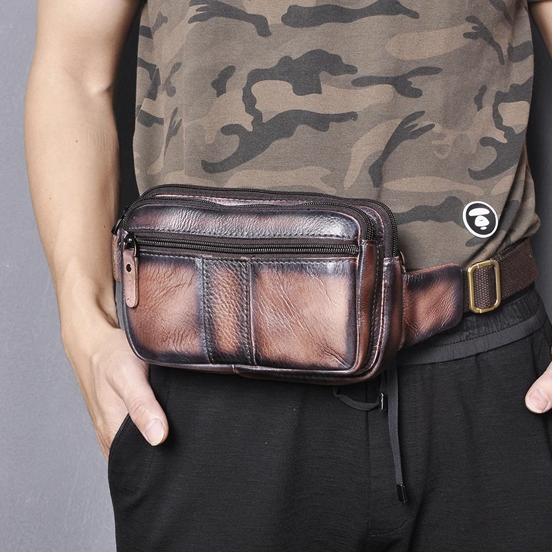 

Genuine Leather men Casual Fashion Travel Fanny Waist Belt Bag Chest Pack Sling Bag Design Bum Phone Cigarette Case Male 342