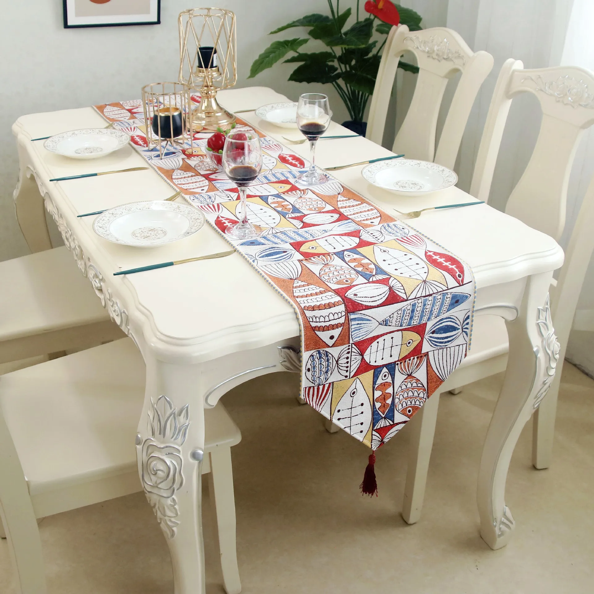 

Christmas Small Fish Printing Table Runner Chenille Jacquard Tablecloth Tea Table Cloth Cotton Linen Table Runner Polyester