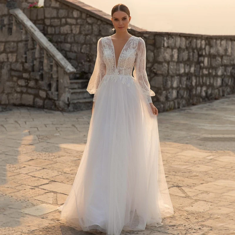 Eightree-vestidos de novia blancos con apliques de cuello en V, vestido de novia elegante con manga abombada, tul, corte en A, vestidos de novia de princesa de talla grande