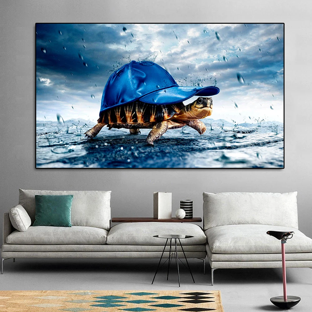 

Funny Tortoise With a Hat Walking in The Rain Canvas Painting Poster and Prints Wall Pictures for Living Room Child Room Decor