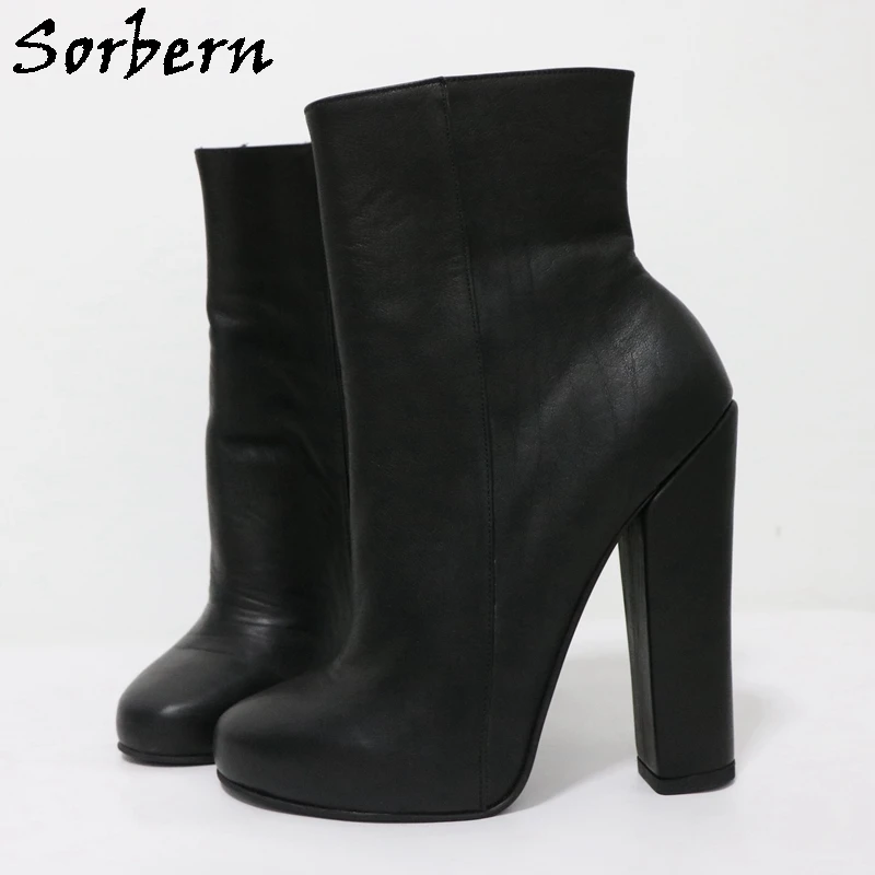 Sorbern Black Ankle Boots Women Real Leather Short Booties Unisex Side Zipper Block High Heels Round Toe