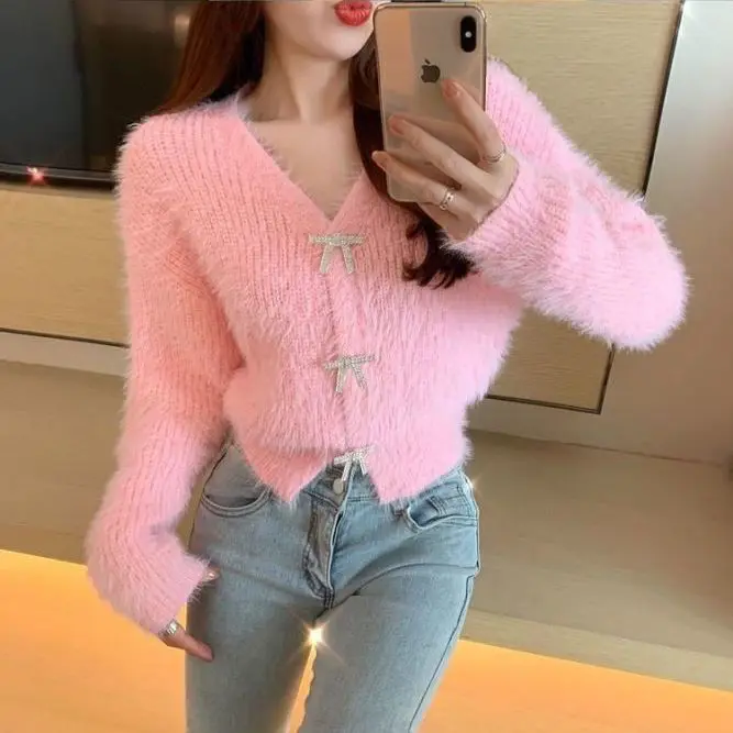 Luxury Glitter Rhinestone Bow Buttons Sweater Coat Mohair Knitted Cardigan Pearls Buckles V-Neck Mink Cashmere Knitwear Fur Tops