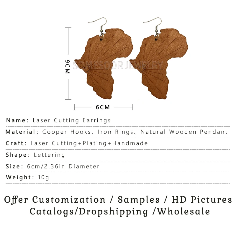 SOMESOOR Laser Cutting African Map Creative Radial Carving High Quality Wooden Drop Earrings For Afro Women