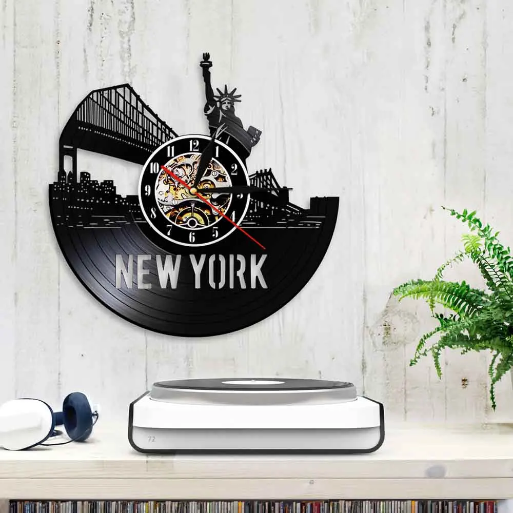 New York Cityscape Contemporary Exclusive Wall Clock Wall Decor NYC Skyline Vinyl Record Wall Clock Watches Unique Travel Gifts