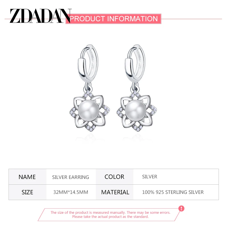 ZDADAN 925 Sterling Silver Vintage Floral Pearl Drop Earrings For Women Fashion Wedding Jewelry Gift