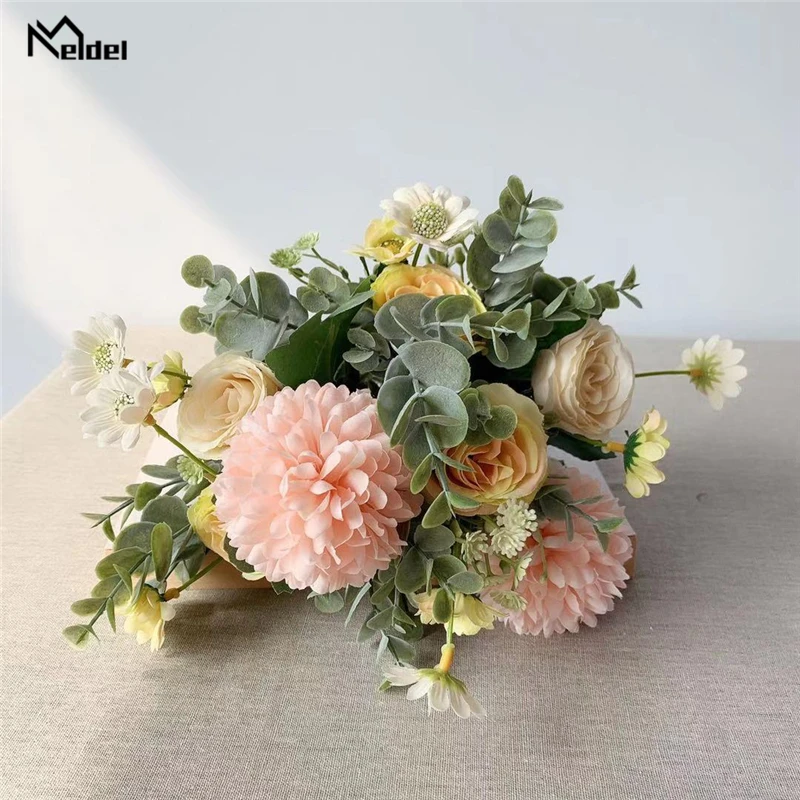 Meldel-ramo de flores para novia, ramo de flores de boda, Rosa Artificial, Margarita falsa, bola de la suerte, ramo de boda mezclado, decoración para fiesta en casa