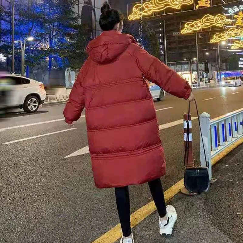 Women's 2024 new white duck down over the knee mid-length down jacket Korean style hooded loose coat women's clothing