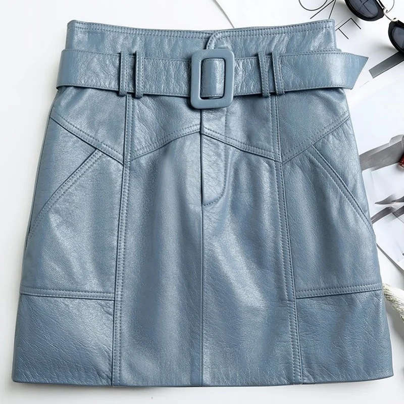 

Leather Genuine Skirts Women Elegant High Waist Solid Sheepskin A-Line Skirts Female Sashes Multi-Pockets Spliced Spring Autumn