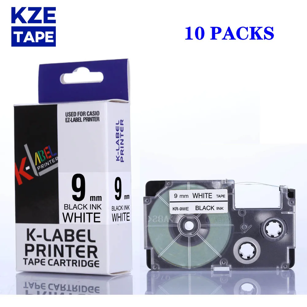 

10pcs 9mm Casio label tape Black on White XR9WE 9WE XR-9WE for KL-60 typewriter KL-60SR KL120 EZ Label Maker