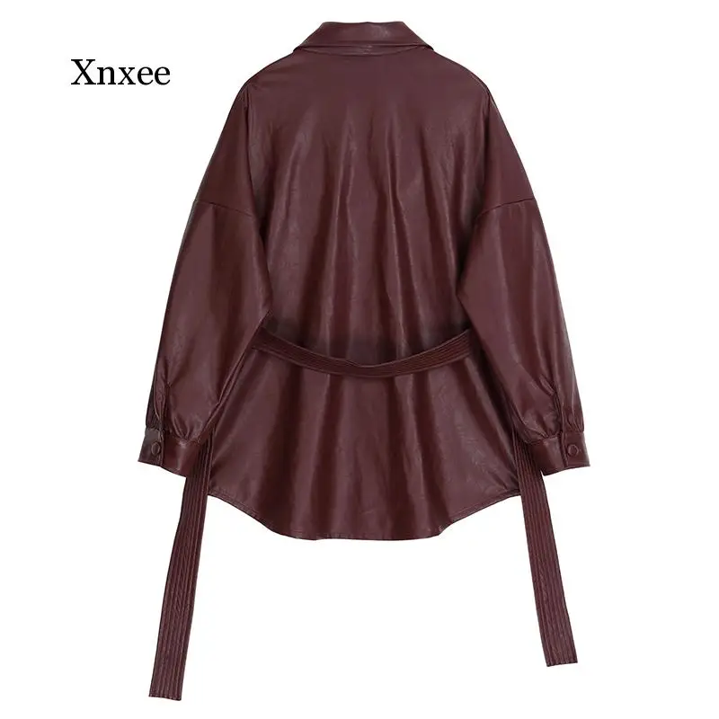 New Spring Autumn Lapel Long Sleeve Wine Red Pu Leather Belt Loose Big Size Jacket Women Coat Fashion Tide