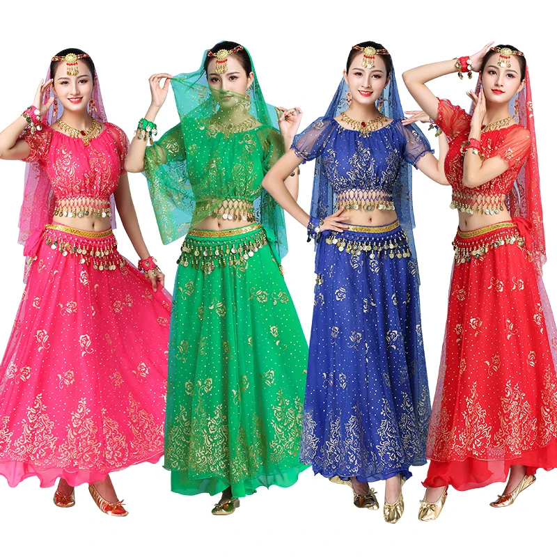 Sari Indian Bollywood Dancewear Dress Costume Women Belly Dance Oriental Performance Clothes Chiffon Dance Set Top+Belt+Skirt