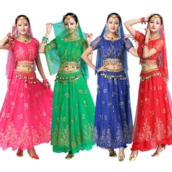 Sari Indian Bollywood Dancewear Dress Costume Women Belly Dance Oriental Performance Clothes Chiffon Dance Set Top+Belt+Skirt