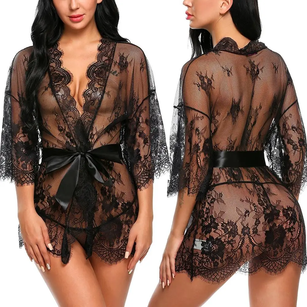 

Sexy Women Lingerie Lace Night Dress Sleepwear Nightgown Bandage Deep V G-String See Through Sexy Sheer Sleep Dress 2020 Silky