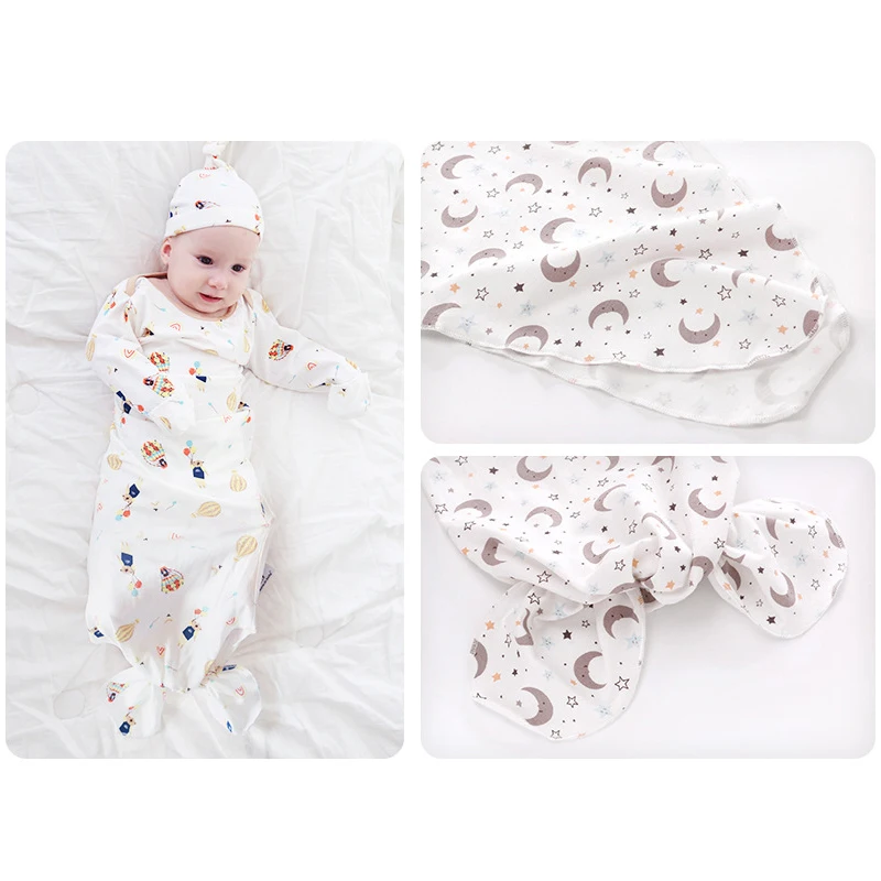 Knotted Baby Gown Long Sleeve Baby Sleeping Bags Super Soft Stretchy Nightgowns Newborn Sleepwear with Hat Set for 0-12 Months