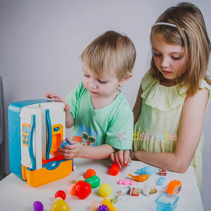 Refrigerador de juguete para niños, accesorios con dispensador de hielo, juegos de rol para niños, cocina, cortar alimentos, juguetes para niñas y