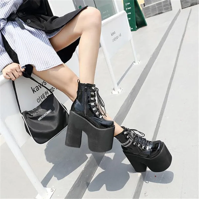 Height 17cm Nightclub Stage Ankle Booties Women Extreme Thick Platform Heel Gothic Punk Shoes Girls Sexy Chain Party Boot