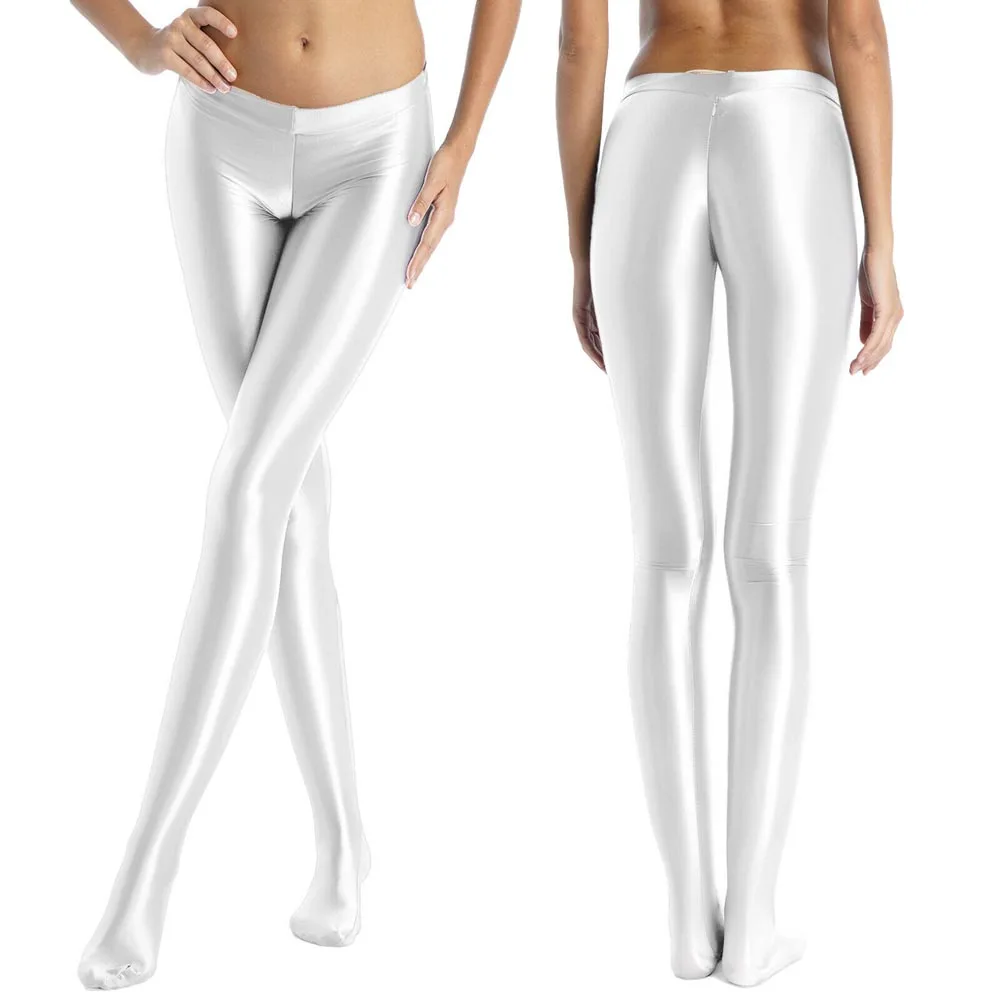 Donne Sexy lucido elastico collant cerniera cavallo Sport Fitness Rave danza collant pantaloni Leggings a vita media