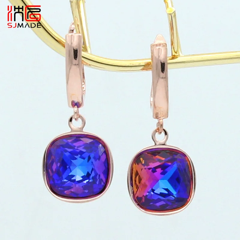 SHENJIANG New Fashion Elegant Colorful Square Crystal Dangle Earrings For Women Jewelry 585 Rose Gold Color Eardrop Gift