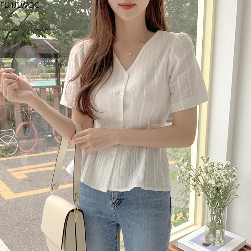 Short Chic Tops Summer Puff Sleeve Slim Waist Peplum Lace-Up Bow Tie Ruffled Shirt Blouse Women Top Korean Japan Flhjlwoc Cute