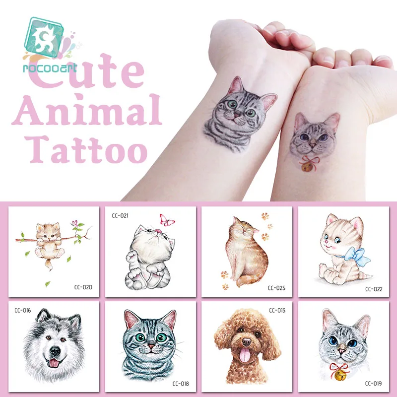 Rocooart Cartoon Animals Children Temporary Tattoo Sticker Small Waterproof Fashion Fake Body Art Tattoos Cute Dog Cat Taty