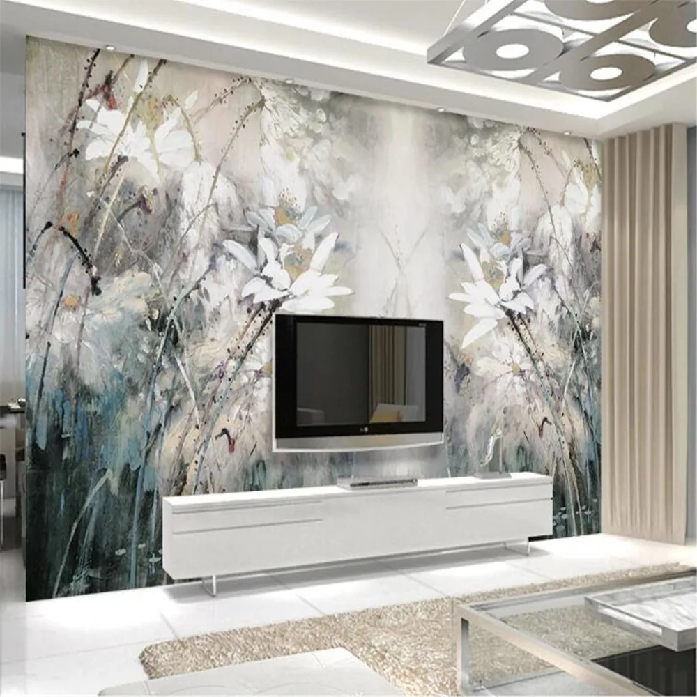 

Milofi customized large 3D wallpaper mural retro oil painting lotus hand-painted bedroom living room sofa TV background wall