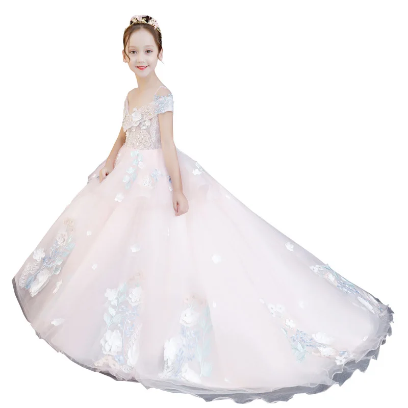 

Little Girls Shiny Pearl Lace Dress Baby Kids Off Shoulder Boutique Tailed Ball Gown Flower Girl Wedding Birthday Party Dresses