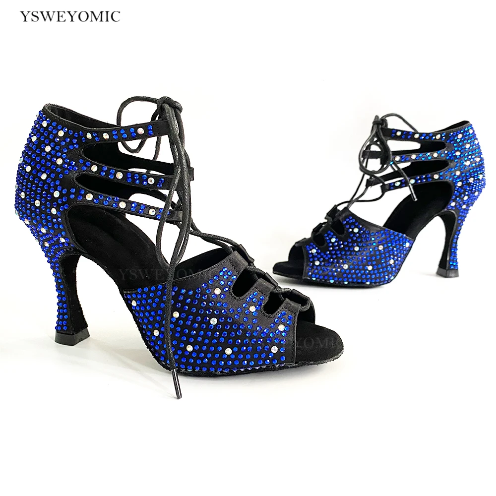 Salsa Bachata Latin Dance Shoes For Dancing Women Soft Social Sexy Blue Rhinestones High Heel Summer Dance Sandal Dance Shoes