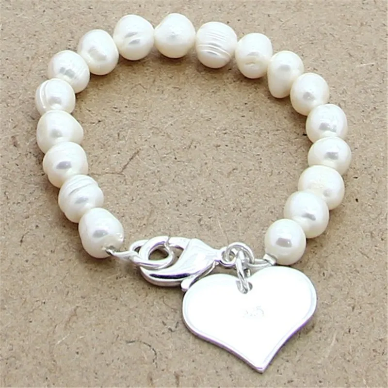 New 925 Sterling Silver Bracelet Natural Freshwater Pearl With Heart Brand Bracelet For Woman Charm Jewelry Wedding Gift