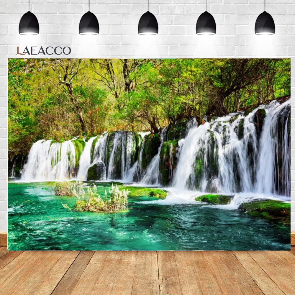 Laeacco Spring Waterfall Trees Stream Rock Landscape Vinyl Nature Scenery Photography Backgrounds Backdrops Photophone Photozone