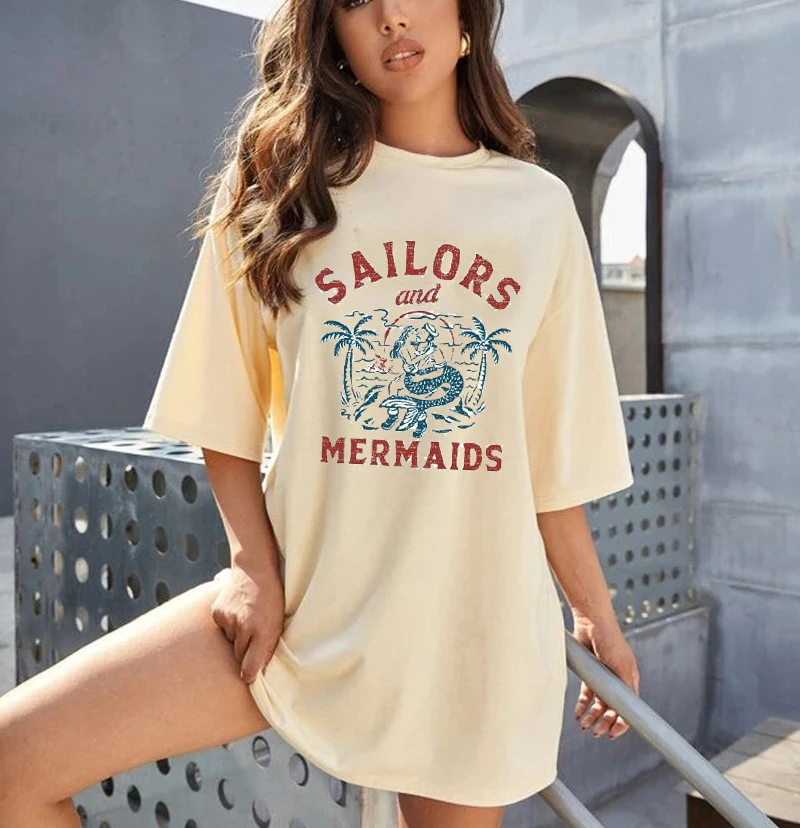 Letters Printed Sailors And Mermaids Funny T-Shirt Women Tumblr Fashion Casual Short Sleeve Graphic Tee Ladies Tops Gifts