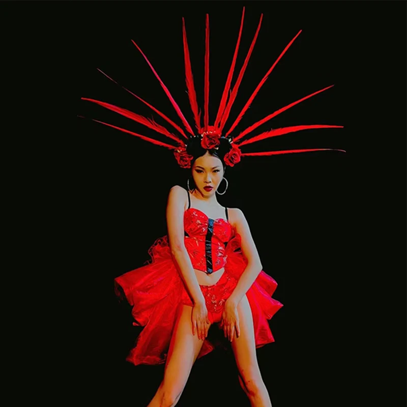 

Artistic Stage Costume Rose Feather Headdress Suit Catwalk Show Clothing Women Gogo Dancing Performance Wear Mesh Skirt VDB3913