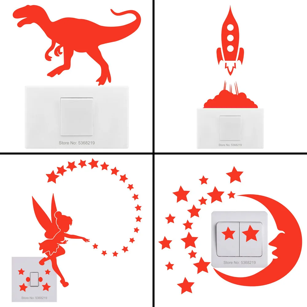 Wall Switch Decoration Luminous Stickers Cat/Fairy/Strip/Bulb/Gecko/Dinosaur/Football/Elephant/Moon Stars/Rocket/Ring the Bell..
