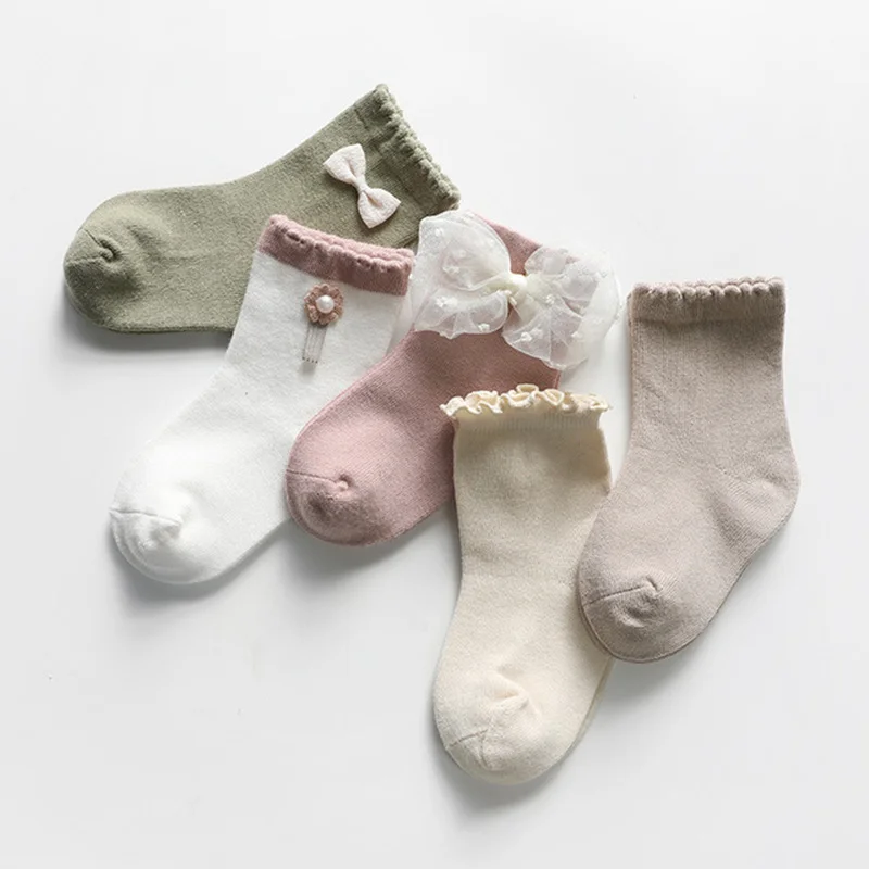 

5 Pairs/lot Kids Girls Socks Spring Autumn Children's Socks Bowknot Lace Baby Socks Girls Infant Socks Middle Tube Cotton Soft