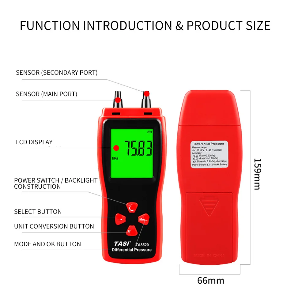 Digital Pressure Gauge Micro Differential Detector Handheld Differential Barometer